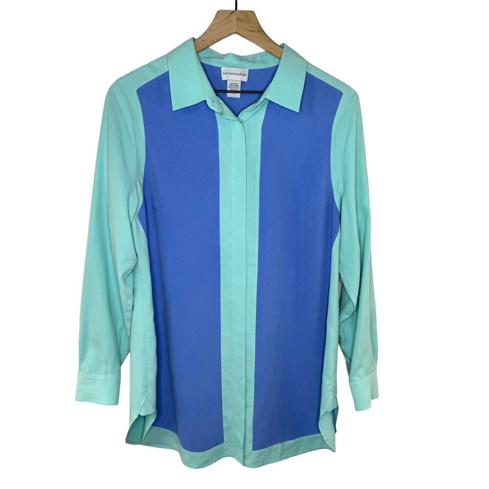 Soft Surroundings 100% Silk Colorblock Hidden Button Front Tunic Shirt Size M